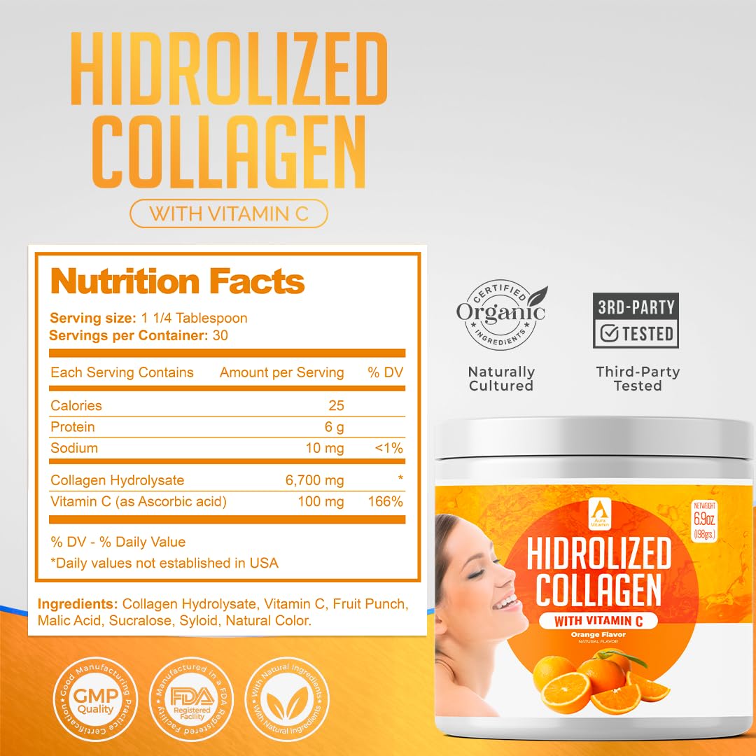 AV Orange Hydrolyzed Grass Fed Collagen with Vitamin C Powder 6.9 Ounce