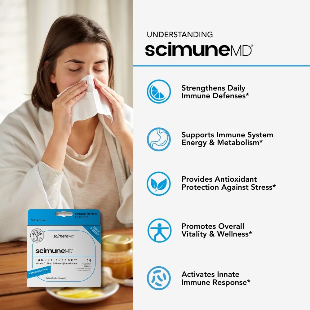 Scimera Bioscience Scimune Immune Support Supplement with Zinc, Quercetin, Vitamin C, Echinacea & Wellmune Beta Glucan, 14 Capsules