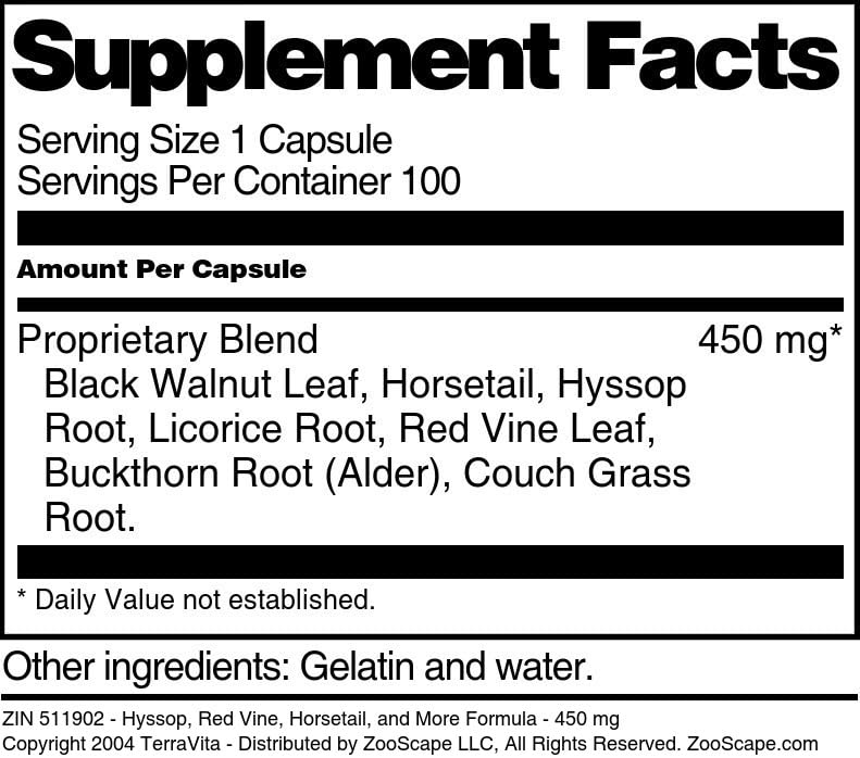 Terravita Hyssop, Red Vine, Horsetail, and More Formula 450 mg Capsules, 100 Count