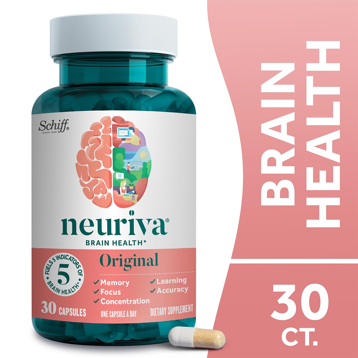 NEURIVA Original Brain Supplement for Memory, Focus & Concentration + Learning & Accuracy with Clinically Tested Nootropics Phosphatidylserine and Neurofactor, Caffeine Free Capsules 180 Count