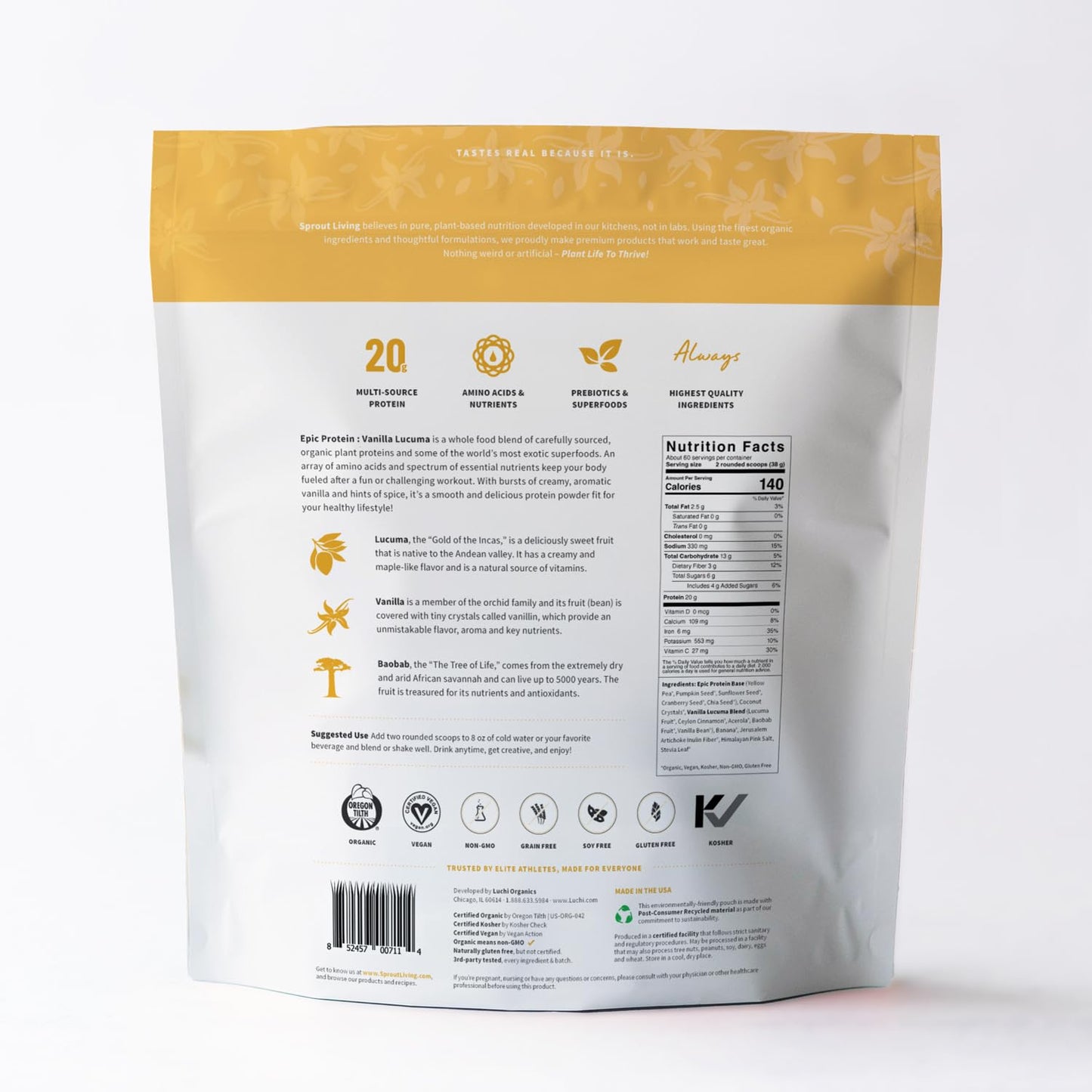 Sprout Living Epic Protein Plant-Based Protein & Superfoods Powder Vanilla Lucuma, 80 Servings
