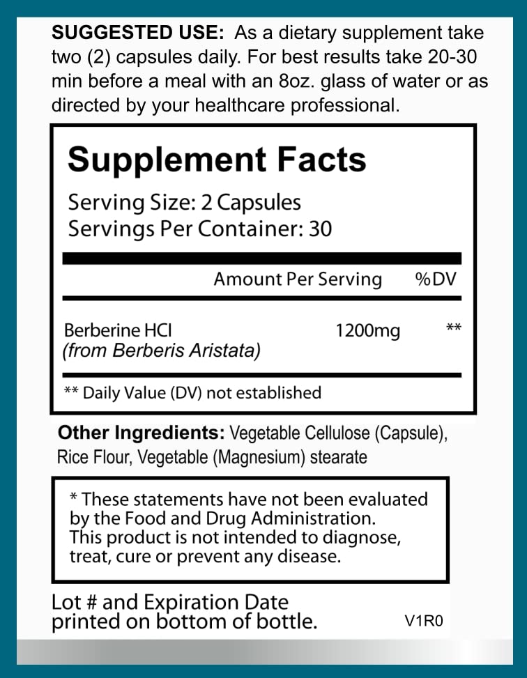 Hybrid Nutraceuticals Berberine 1200mg Concentrated Berberine HCl Formula Immune Support Digestive Support Gluten-Free Capsules, 60 Count