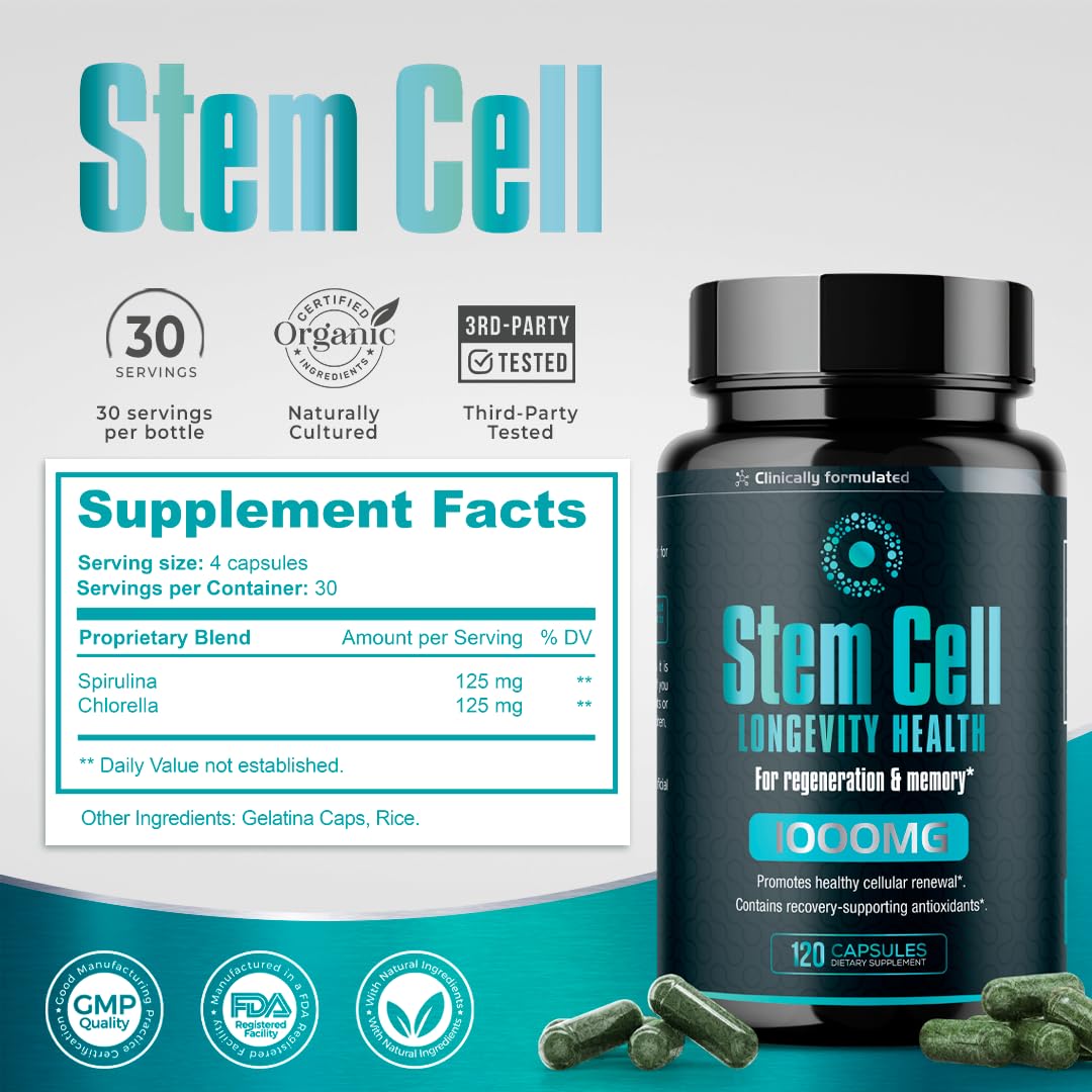 AURA VITAMINS Premium Stem Cell Supplements 1000mg Capsules, 120 Count