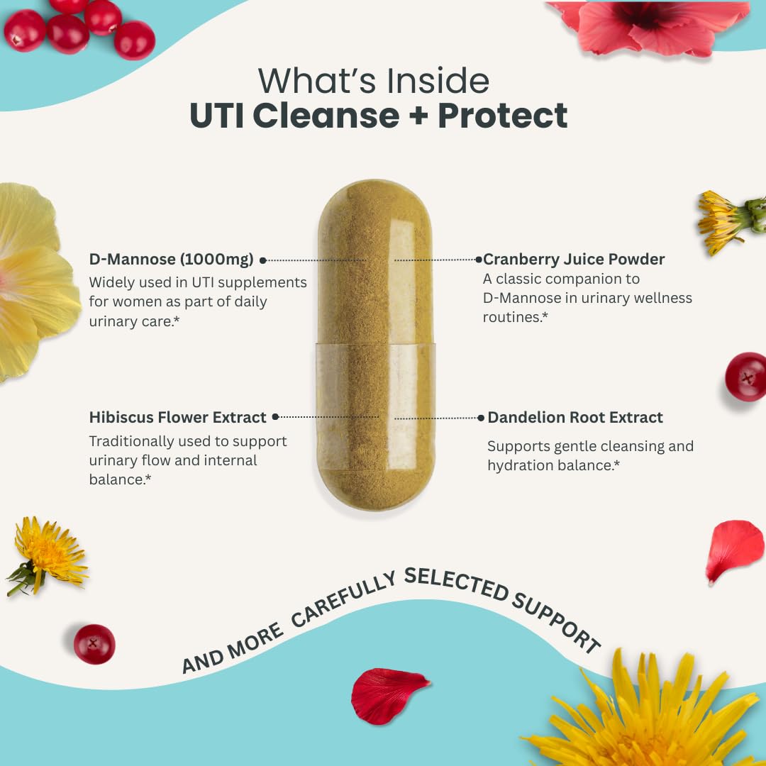 Naturonel UTI Cleanse + Protect Urinary Tract Support with D-Mannose, Cranberry, Hibiscus & Dandelion Advanced Formula Capsule 60 Count