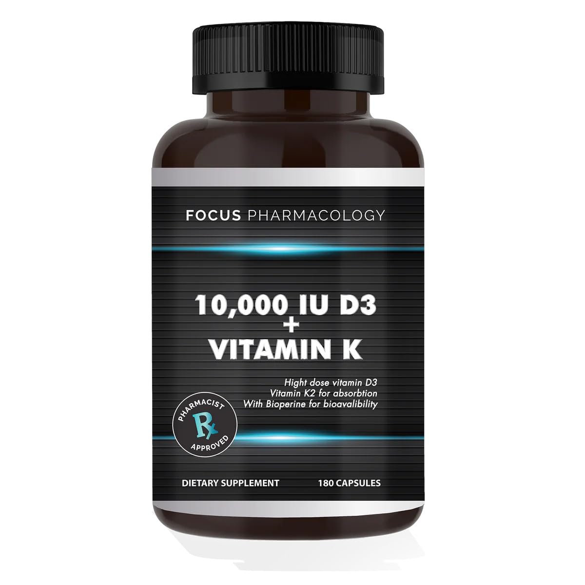 Focus Pharmacology Vitamin D3 with Vitamin K3 10,000 IU Capsules, 180 Capsules