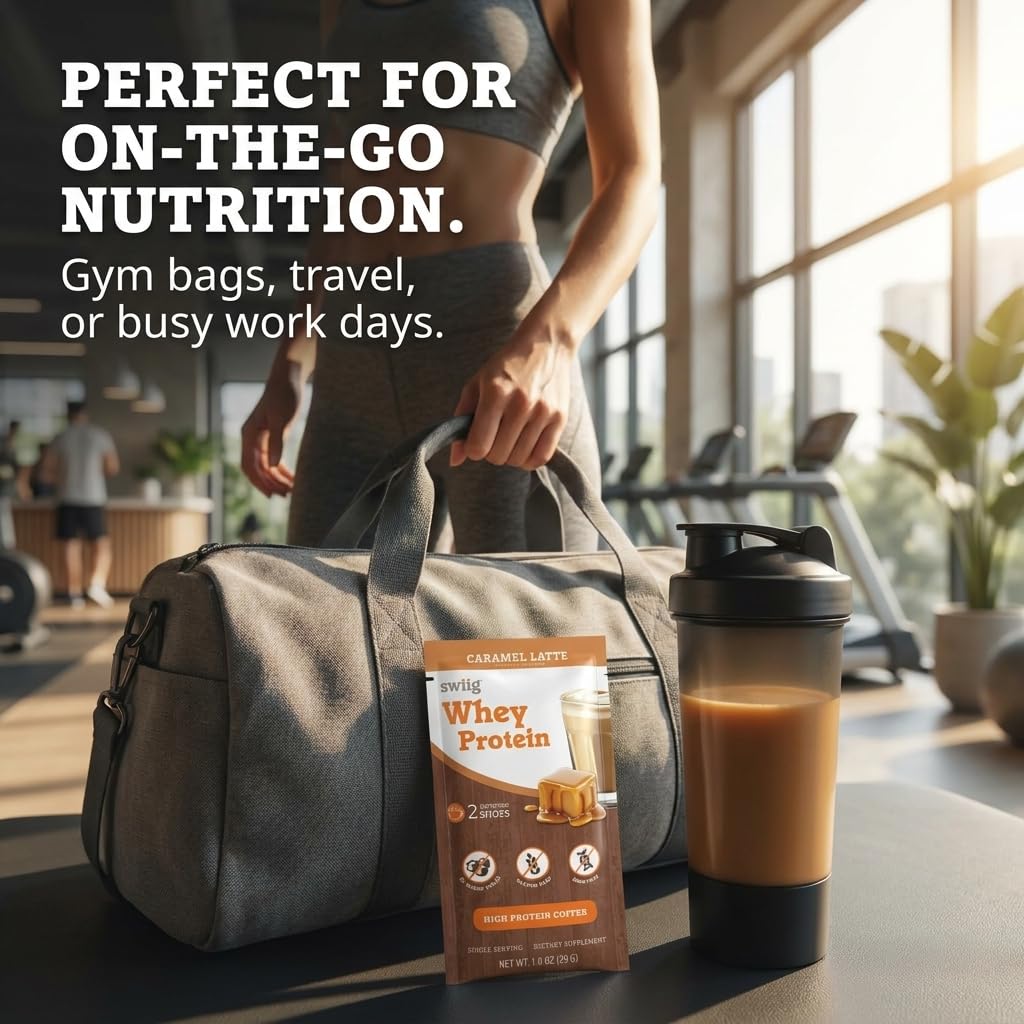 swiig Whey Protein Powder Caramel Latte Single-Serve Packets 10 Count