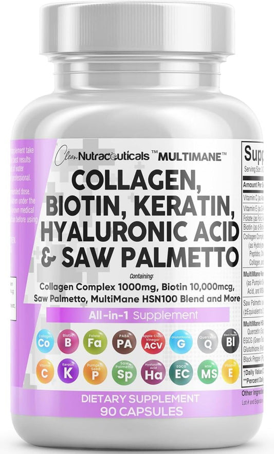 Clean Nutraceuticals Collagen Pills 1000mg Biotin 10000mcg Keratin Saw Palmetto Hyaluronic Acid - Hair Skin & Nails Vitamins & DHT Blocker with Vitamin E Folic Acid Pumpkin Seed MSM Capsules, 90 Count