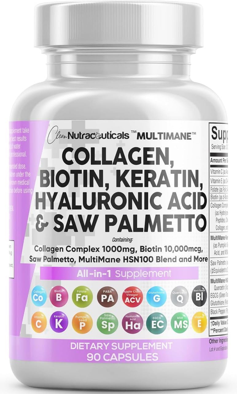 Clean Nutraceuticals Biotin 10000mcg Collagen Capsules for Hair, Skin & Nails, 90 Count