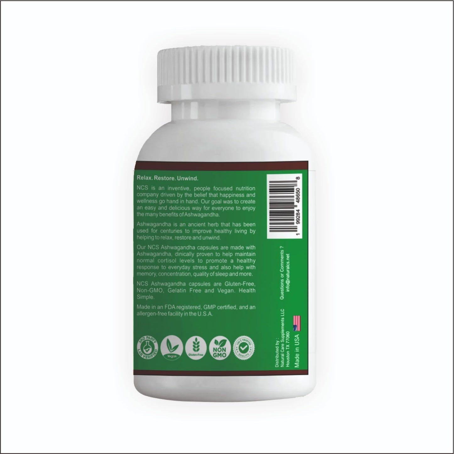 Natural Care Supplements Ashwagandha 450mg – Herbal Supplement with Black Pepper Capsules, 120 Count