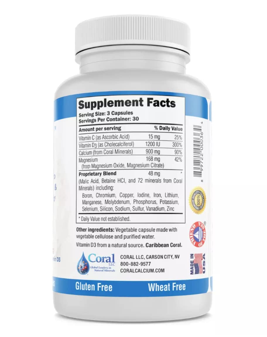 Coral White Coral Complex 3 Calcium Supplement with Vitamin D3 & Magnesium, 900 mg Bioavailable Coral Calcium, Non-GMO, 90 Capsules
