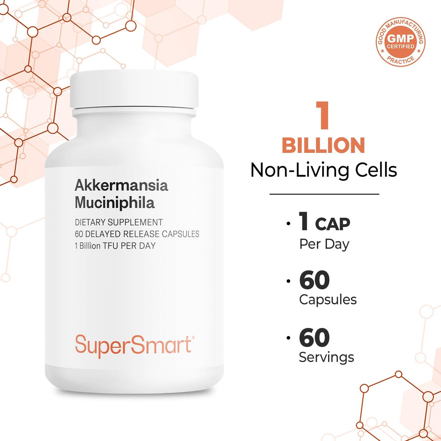 Supersmart Akkermansia Muciniphila 1 Billion TFU per Day Pasteurized Probiotic Capsule, 60 Count