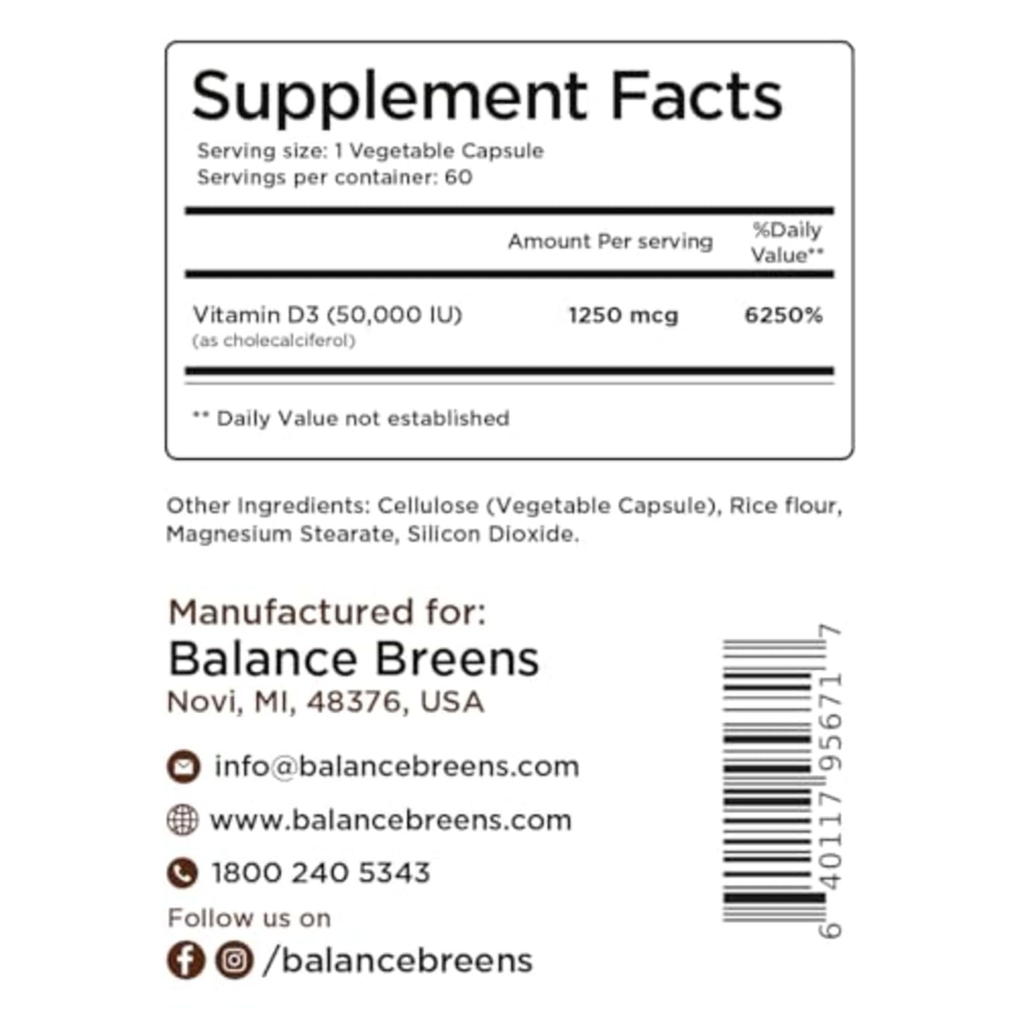 Balancebreens Vitamin D3 50,000 IU Veggie Capsules, 720 Capsules
