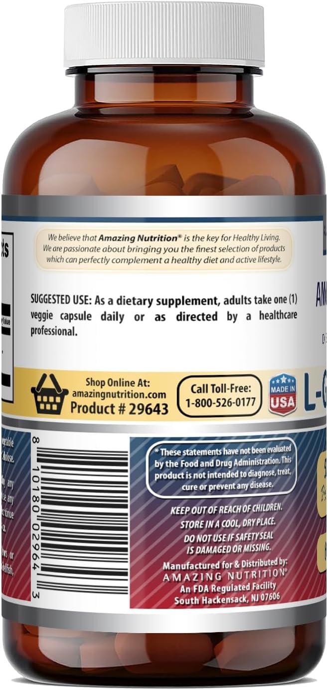 Amazing Nutrition Reduced L-Glutathione Supplement 500 mg per Serving Capsules, 180 Count