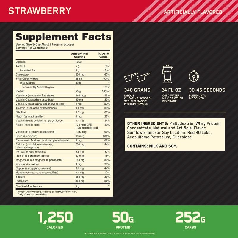 Optimum Nutrition Serious Mass Weight Gainer Protein Powder, Strawberry, 6 lb