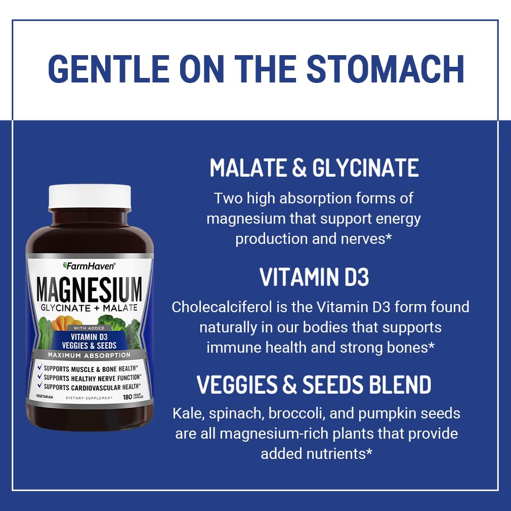 FarmHaven Magnesium Complex Glycinate/Malate & Vitamin D3 Capsules, 180 Count