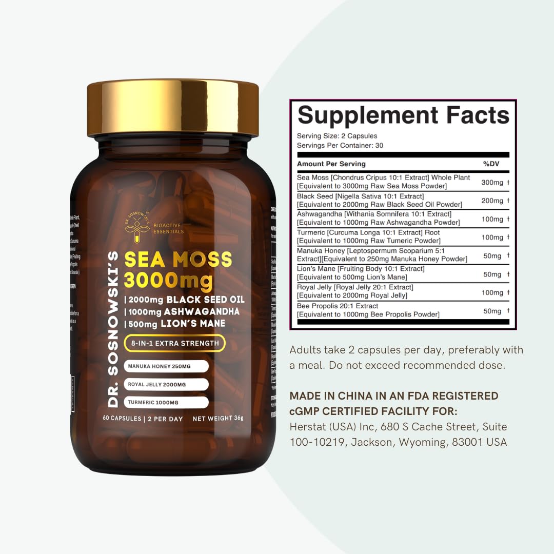 Dr Sosnowski's BioActive Sea Moss 8-in-1 Formula Enriched with Black Seed, Ashwagandha, Turmeric, Manuka Honey, Lion's Mane, Royal Jelly, Bee Propolis Extract Capsules 60 Count