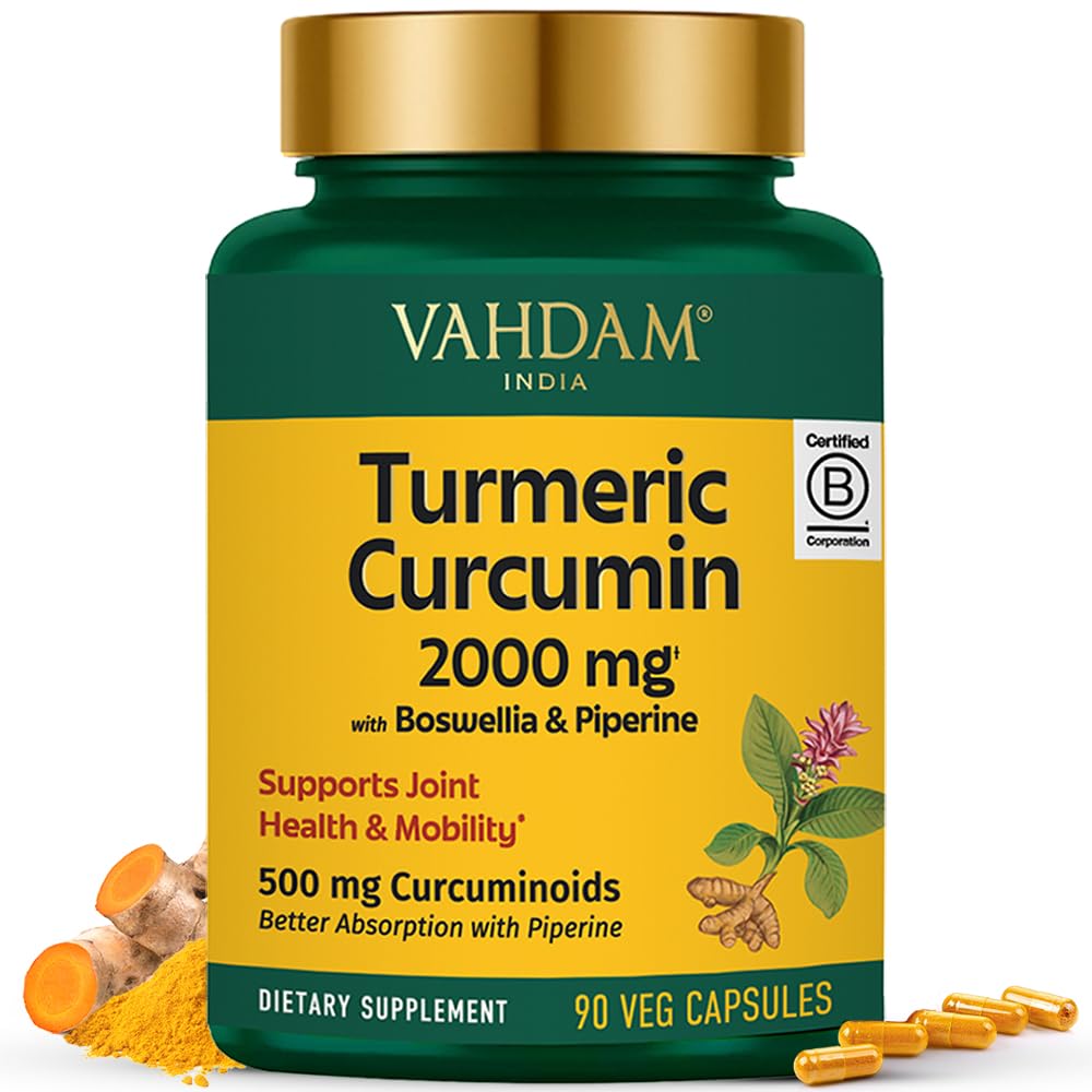 VAHDAM Turmeric Curcumin Supplement 2000mg (500mg Curcuminoids) with Boswellia & Piperine for Fast Absorption, 90 Capsules