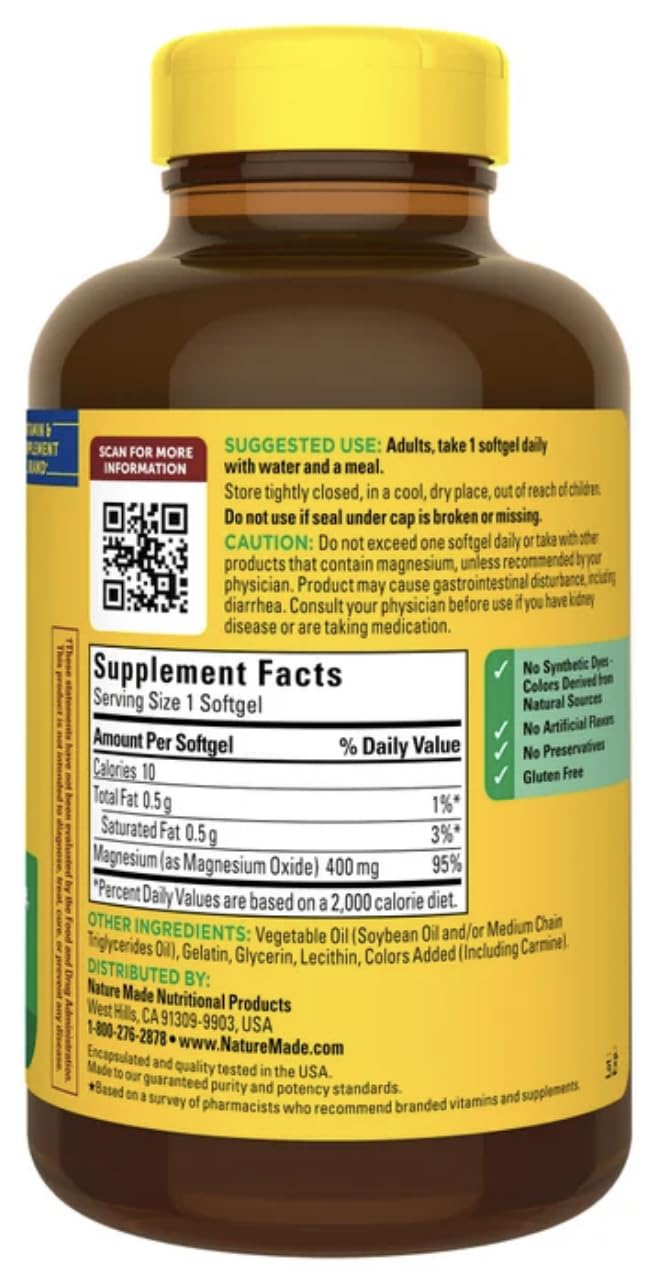 Nature Made Extra Strength Magnesium 400 mg Softgels, 180 Count