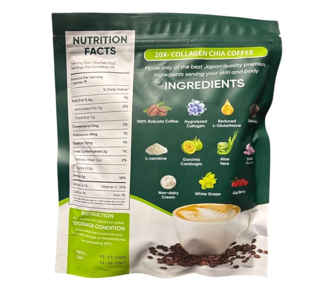 Beauty Milk Fit Gum Collagen Chia Coffee - 11 in 1 Coffee Mix Powder 4.3 oz
