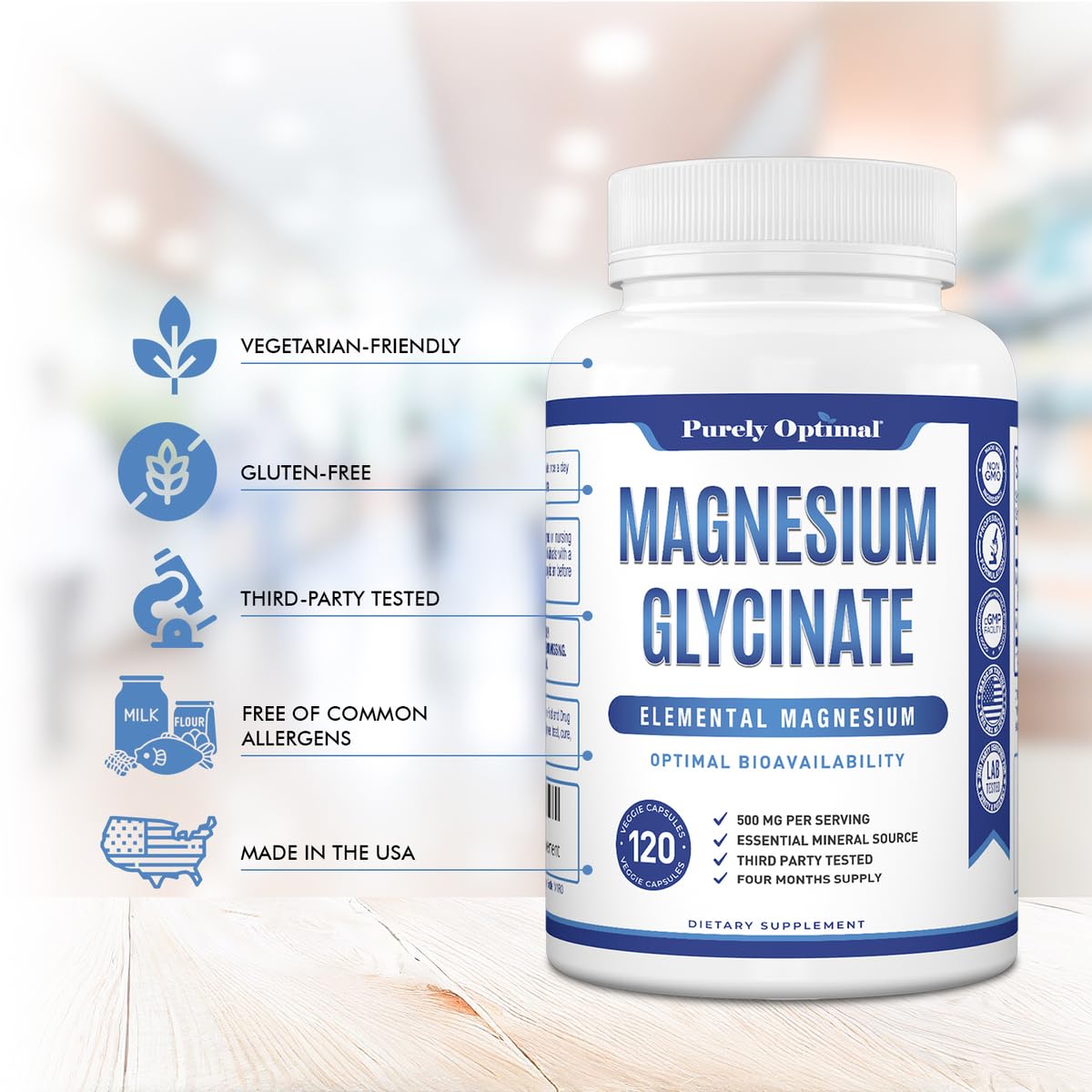 Purely Optimal Magnesium Glycinate 500mg Sleep Support & Stress Relief, Gentle, High Absorption Magnesium Supplement for Muscle Relaxation, Calm & Nerve Support, 120 Capsules