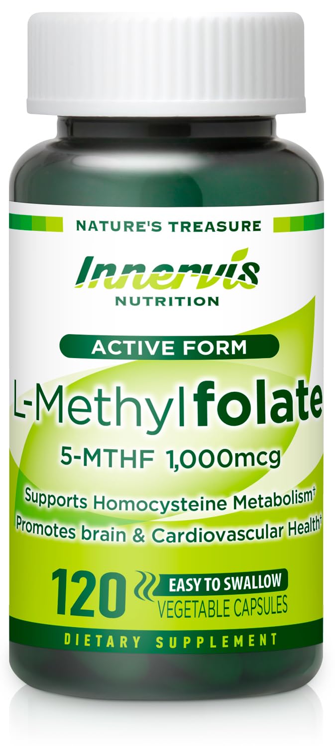 INNERVISNUTRITION L-Methylfolate 1000mcg Active Folate for Heart, Nerve Health & Homocysteine Support 5-MTHF Methylated Vitamin B9 120 Capsules