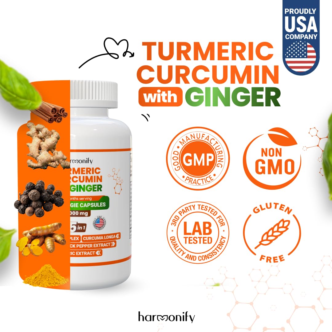 HARMONIFY Turmeric Curcumin Supplement with Ginger, Ceylon Cinnamon and Black Pepper Complex 5 in 1 Formula, Curcuma Longa, Max Absorption, 1000 mg, 120 Capsules