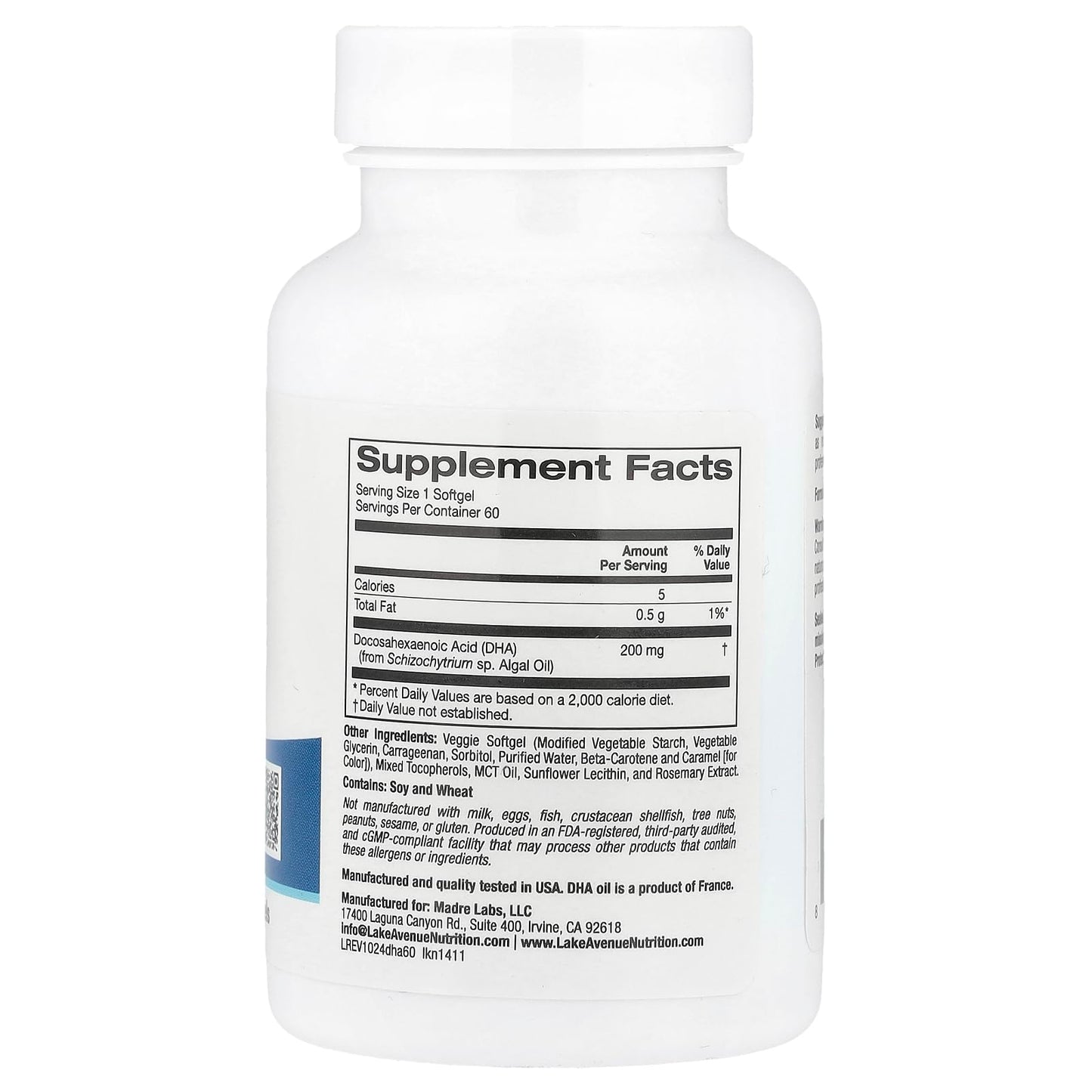 Lake Avenue Nutrition DHA from Marine Algae 200 mg Softgel, 60 Softgels
