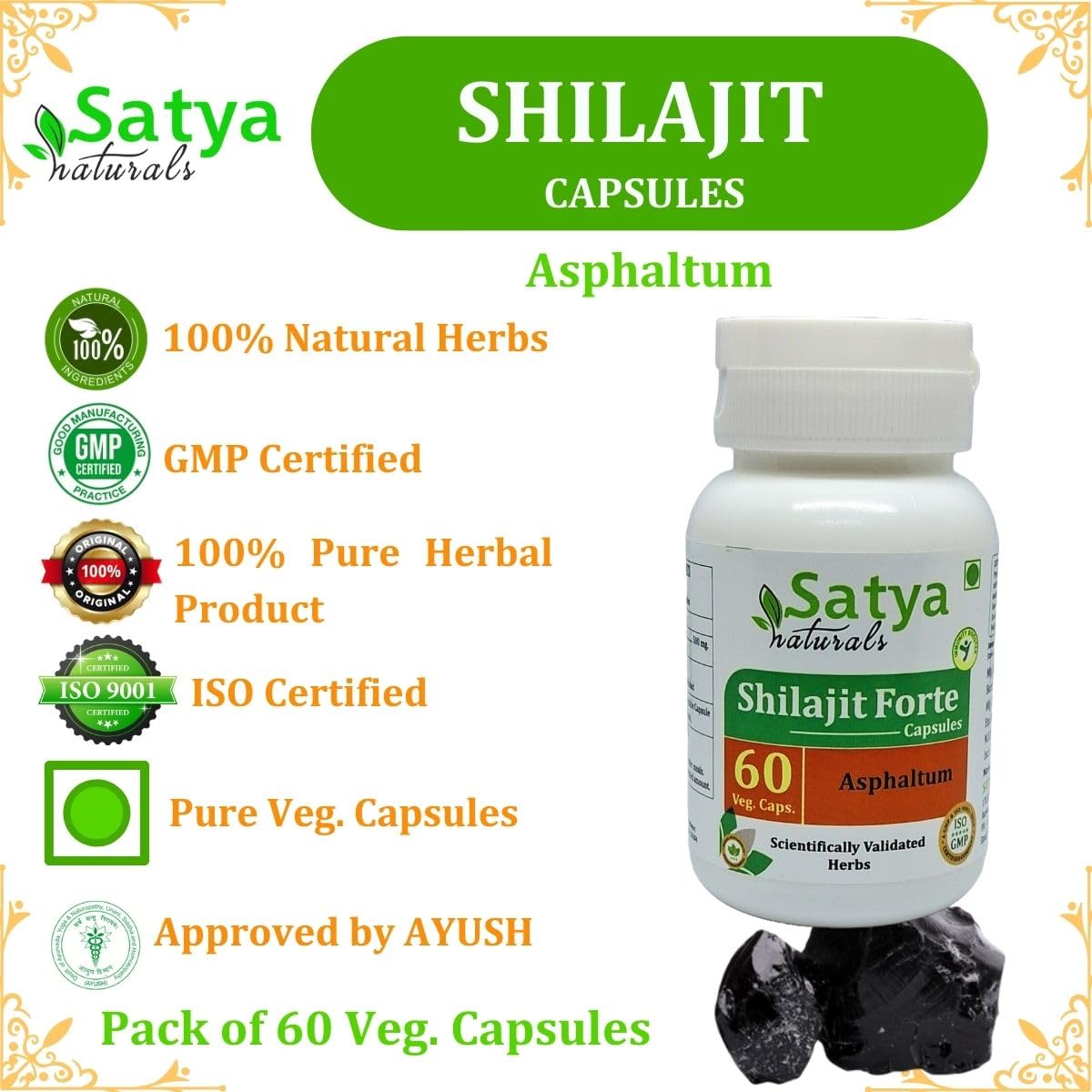 Satya Naturals Shilajit Forte 500 mg Capsules 120 Count