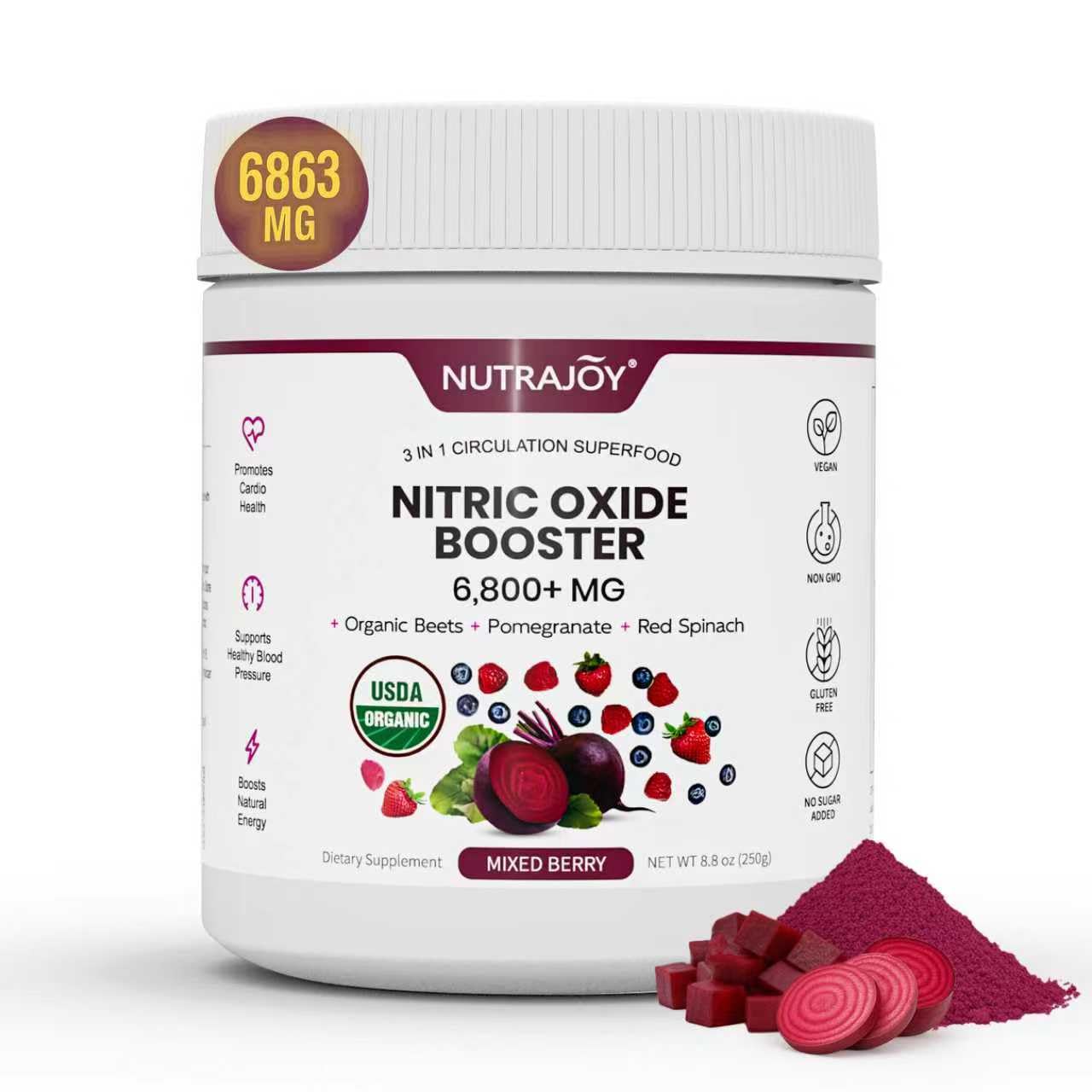 NUTRAJOY Organic Beet Root Powder Nitric Oxide Superfood Supplement for Energy Support, Nitric Oxide Booster, Vegan, Mixed Berry Flavor Powder, 8.8 oz