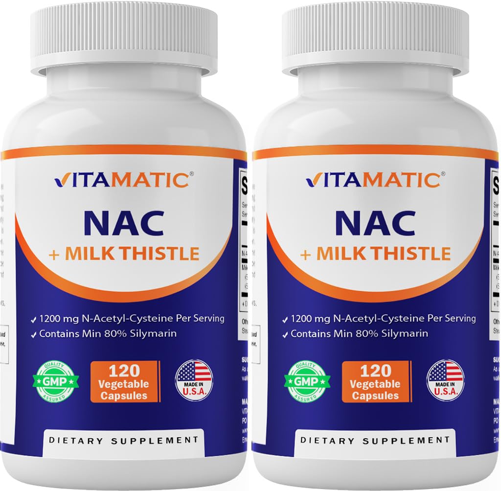 Vitamatic N-Acetyl-L-Cysteine (NAC) Supplement with Milk Thistle 50:1 Extract Vegetarian Capsules, 240 Capsules