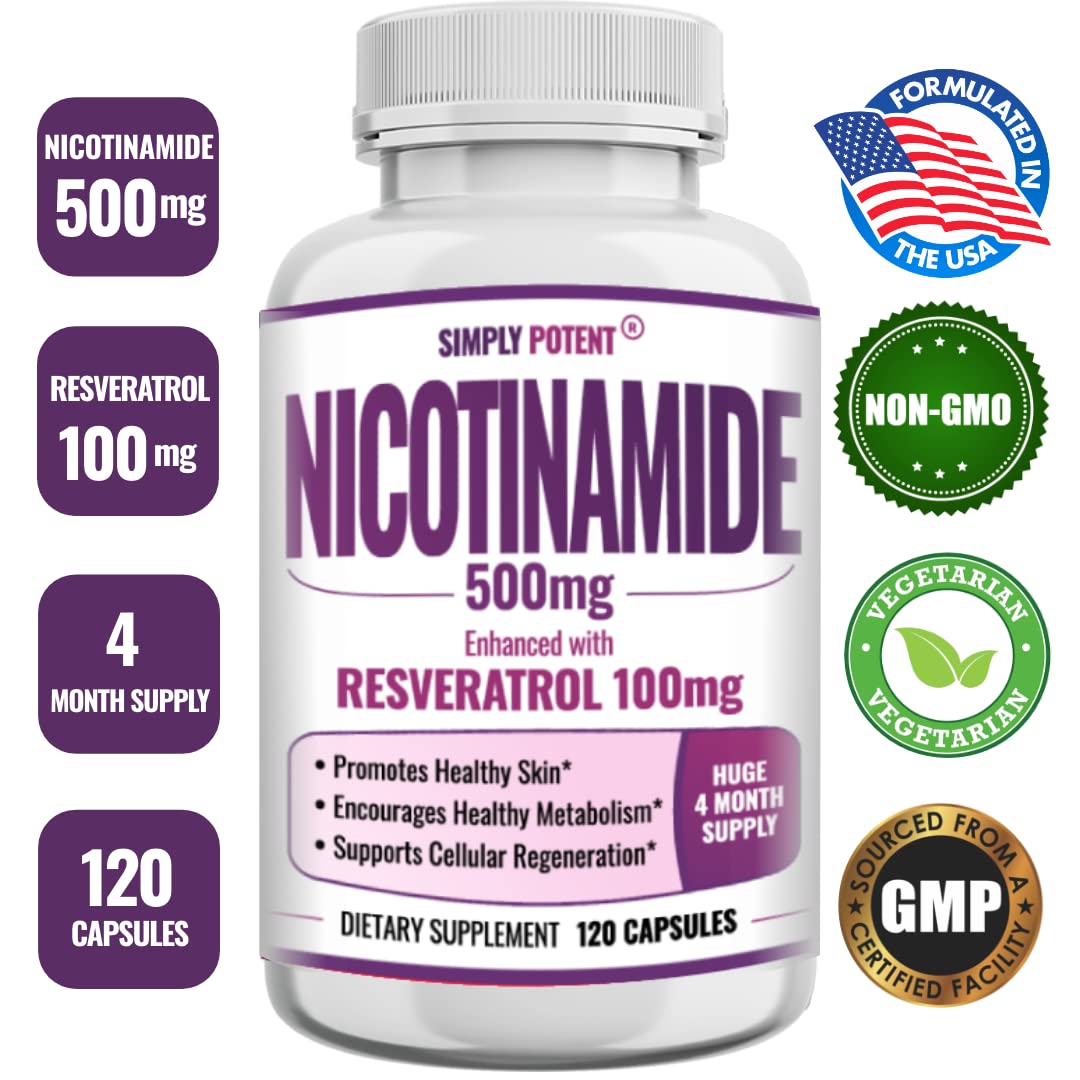 Simply Potent Nicotinamide 500mg with Resveratrol 100mg Veggie Capsules, 120 Count