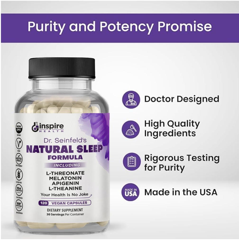 GINSPIRE NUTRITION Sleep Support Formula - L-Threonate, Apigenin, Melatonin, L-Theanine - 120 Capsules - 4-in-1 Non-Habit Forming Sleep Supplement