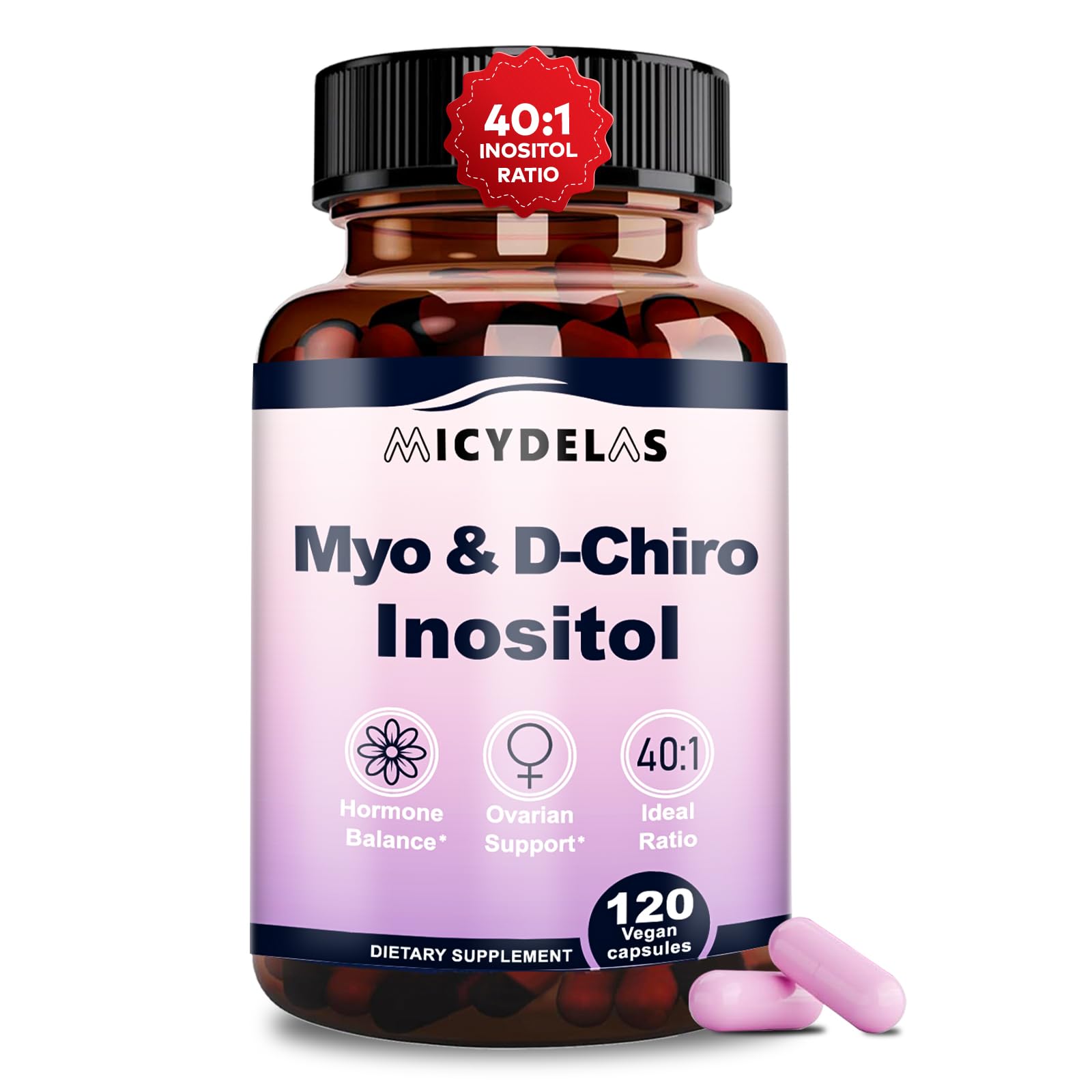 MICYDELAS Myo-Inositol & D-Chiro Inositol Supplement for Women Hormone Balance & Female Health Support, Ideal 40:1 Ratio Per Serving, Vegan, Non-GMO 120 Capsules