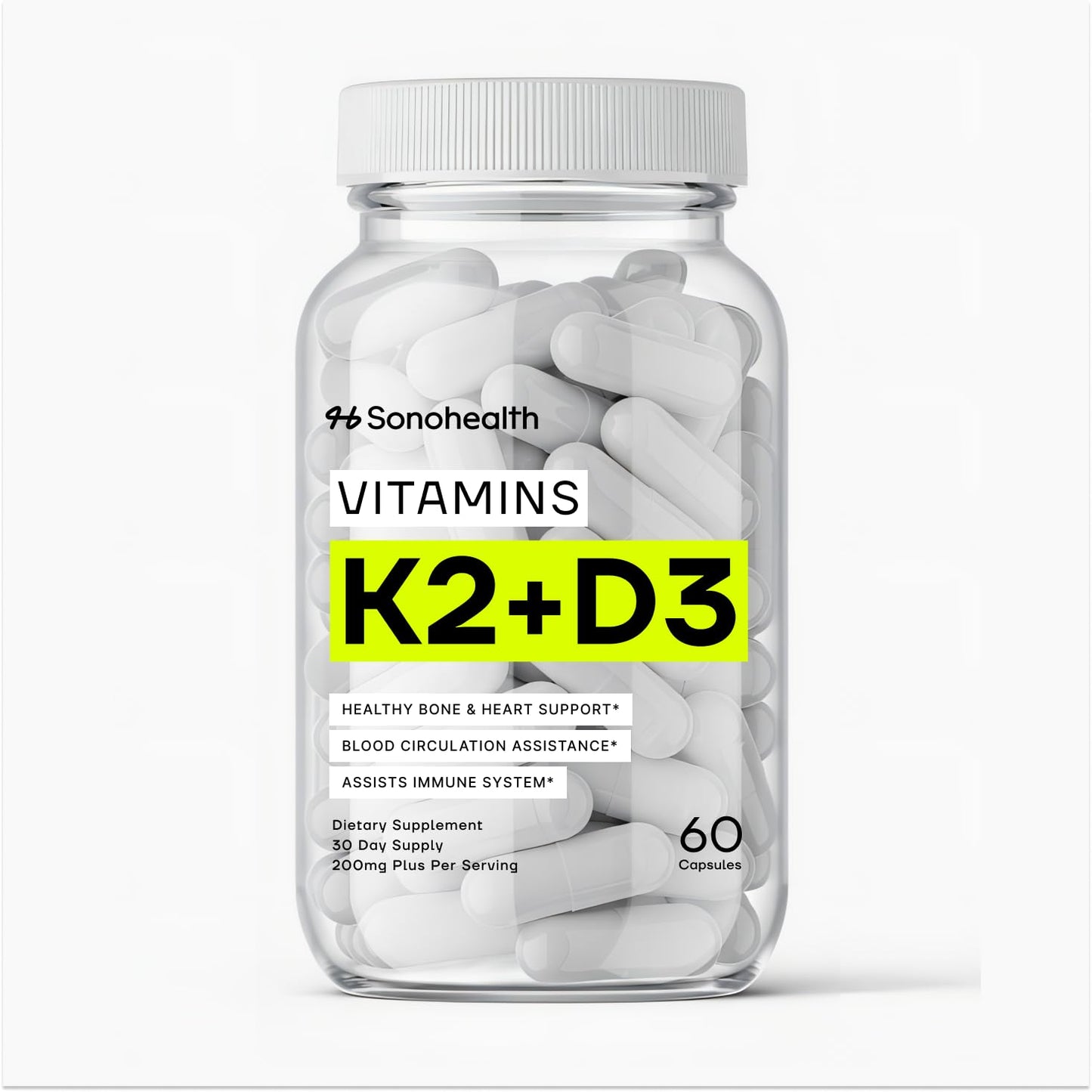 SonoHealth Vitamin D3 + K2 with BioPerine 60 Capsules