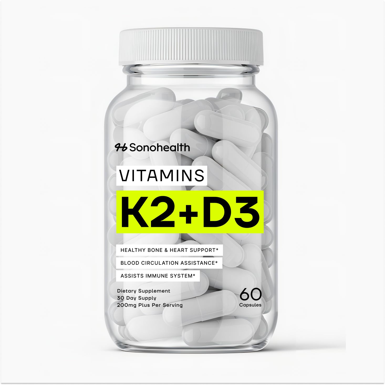 SonoHealth Vitamin D3 + K2 with BioPerine 60 Capsules