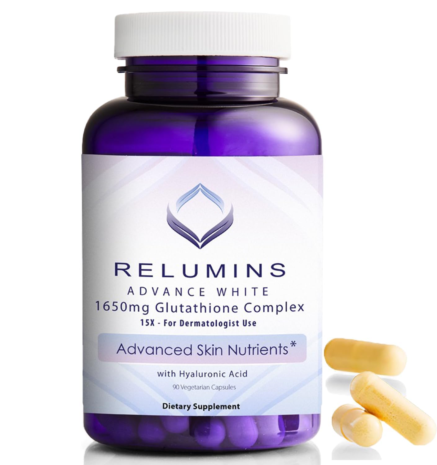 Relumins 1650mg L-Glutathione Complex with Hyaluronic, Alpha Lipoic, Rose HIPS, Vitamin E & Riboflavin, 90 Capsules