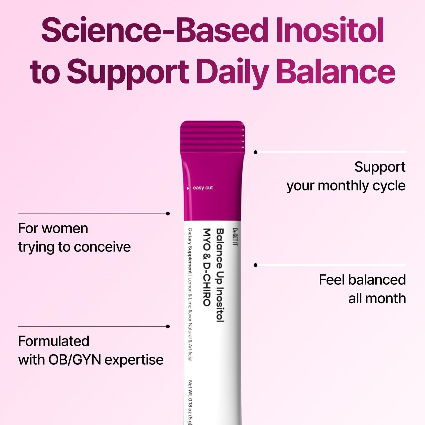 Dr.GET IT Balance Up Inositol 40:1 Myo & D-Chiro with Folate(Vitamin B9) & Choline – Hormone Balance & Reproductive Health Support for Women – Lemon Lime Stick Powder, 5.29