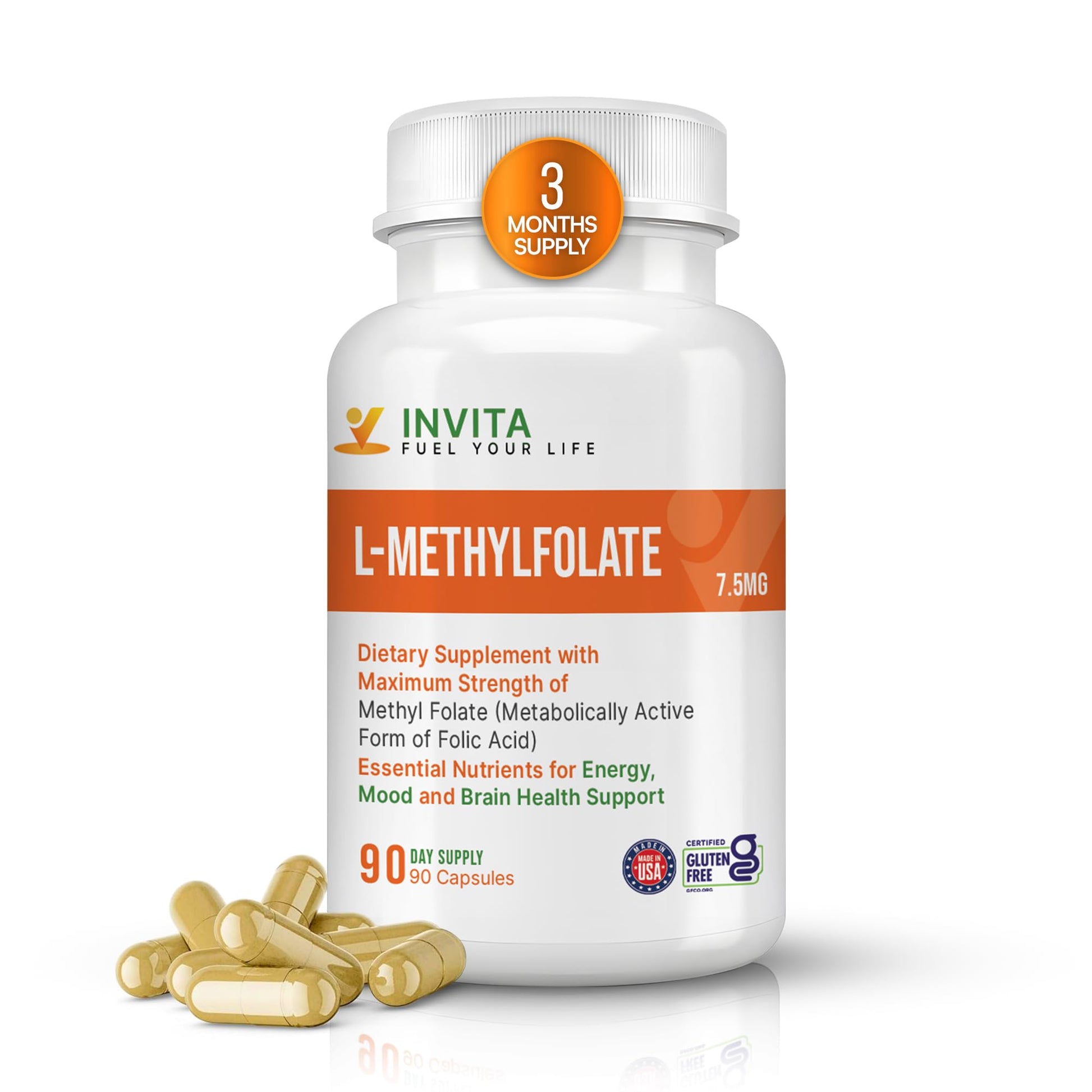 INVITA L-Methylfolate 7.5mg 5-MTHF Capsule, 90 Count