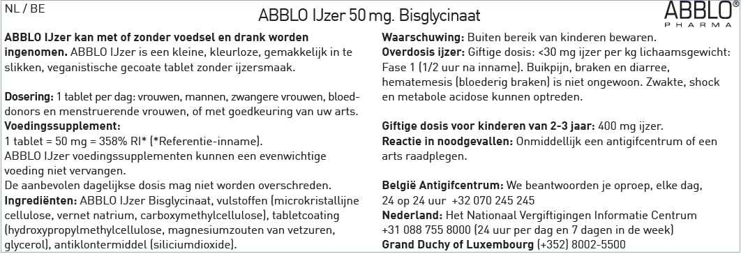 ABBLO PHARMA Iron Bisglycinate 50mg Tablet, 100 Count