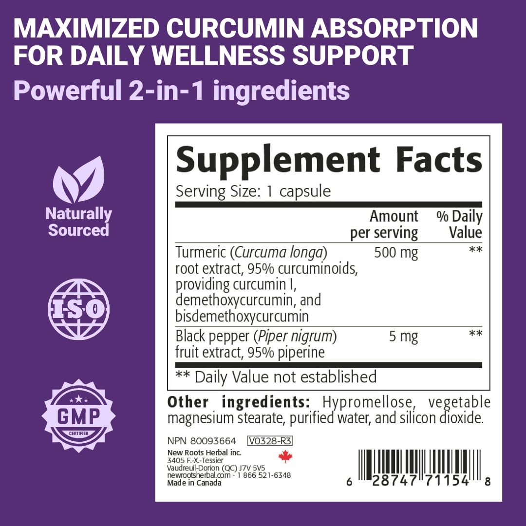 NEW ROOTS HERBAL Turmeric Curcumin Supplement 500mg with Black Pepper Extract, 90 Veg Capsules