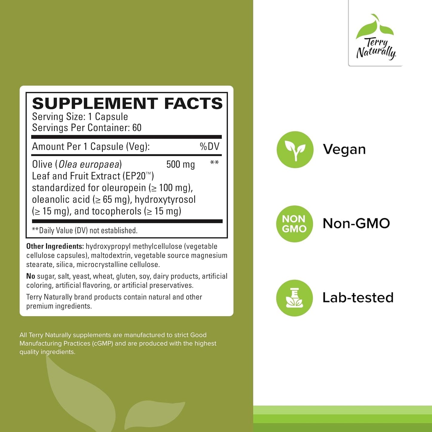 Terry Naturally Olive Extract EP20 Brain Health Support with Olive Leaf Extract, Herbal Immune Support, 60 Capsules
