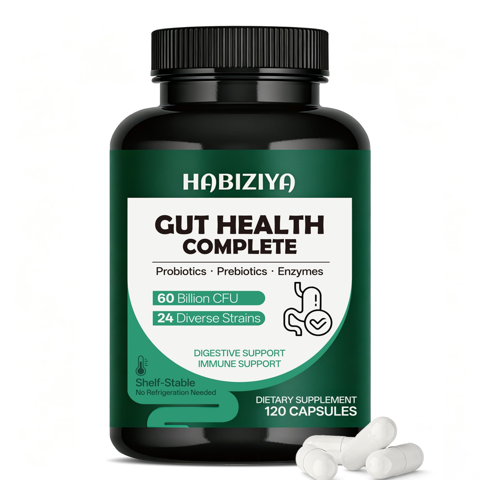 HABIZIYA Probiotics 60 Billion CFU with Prebiotics & Digestive Enzymes — 24-Strain Gut Health Supplement for Women & Men, Capsule, 120 Count