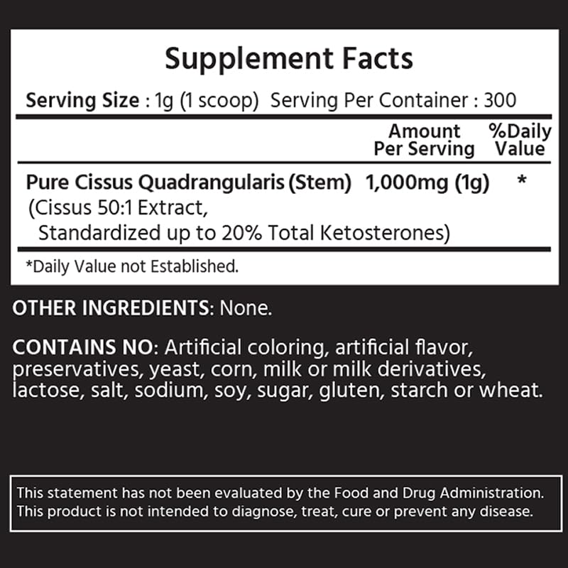 ML Naturals Cissus Quadrangularis Powder 10.58 oz, 50X, 50:1 Extract, 20% Ketosterones, Supports Joint & Bone Health