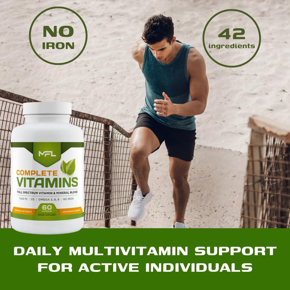 MUSCLE FOOD LABS Complete Vitamins | MULTIVITAMIN & Minerals | Omega 3.6.9 | COQ-10 | D3 | NO Iron, 60 Capsules