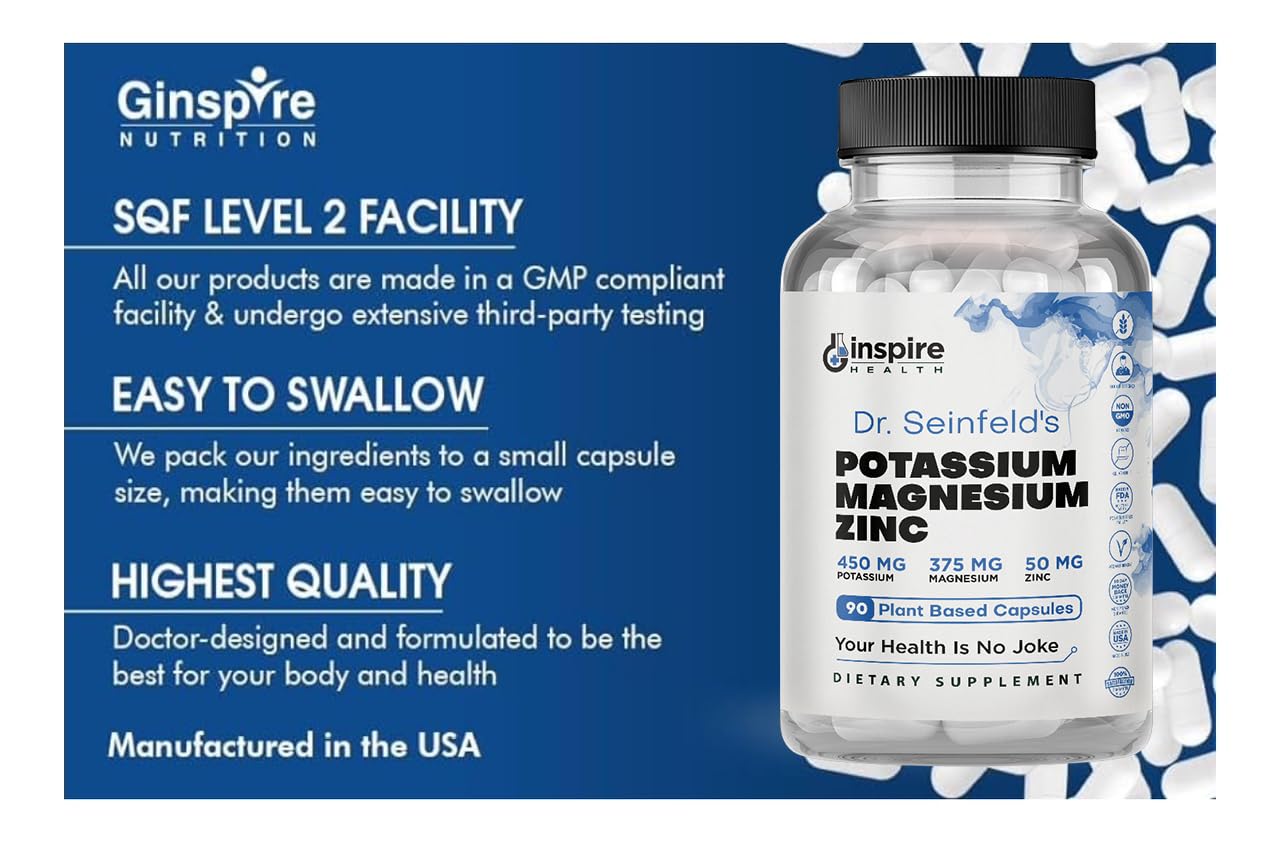 GINSPIRE NUTRITION Magnesium Potassium Supplements with Zinc Capsules, 90 Count