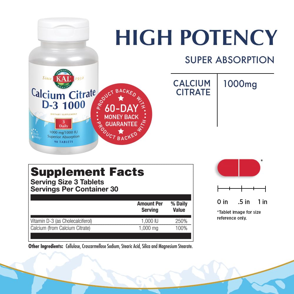 KAL Calcium Citrate with D 1000 IU Tablets, 90 Count