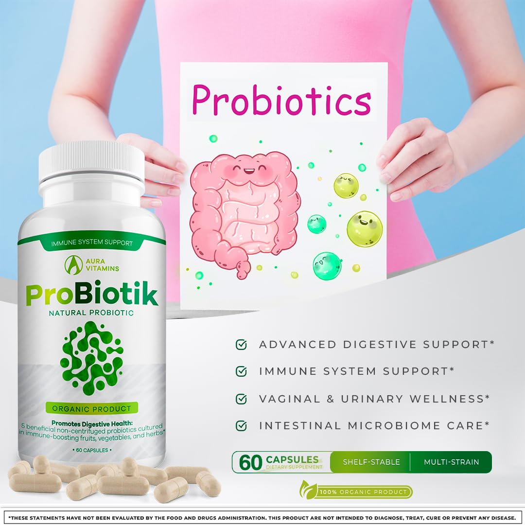Aura Vitamins Probiotik Probiotic Digestive Support with Multi Enzyme Probiotic, Digestive Enzymes, Vaginal Probiotics, Bloating Relief, Advanced Probiotic Supplement for Optimal Gut Health, Capsule, 60