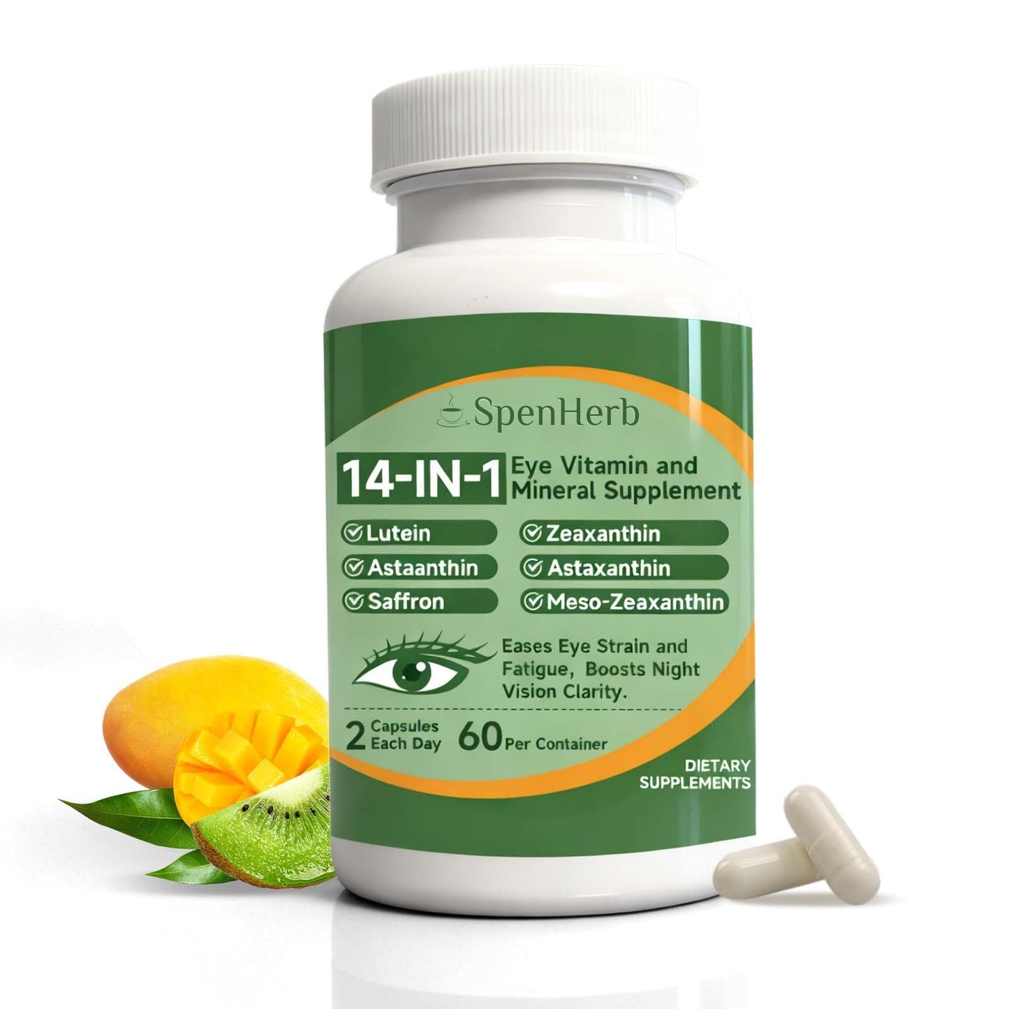 SpenHerb Eye Vitamin and Mineral Supplement 14 in 1 Advanced Eye Formula Vision Support with Lutein and Zeaxanthin Vitamin C E Zinc Copper, Eye Health Supplements for Adults, Capsules, 60 Count