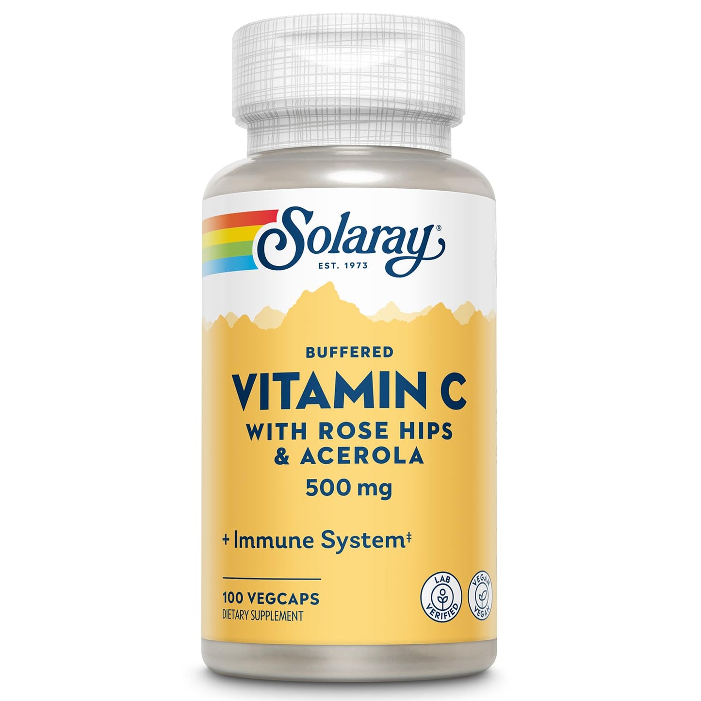 SOLARAY Buffered Vitamin C 500mg with Rose Hips and Acerola Immune Support Capsules, Vegan, 100 Count