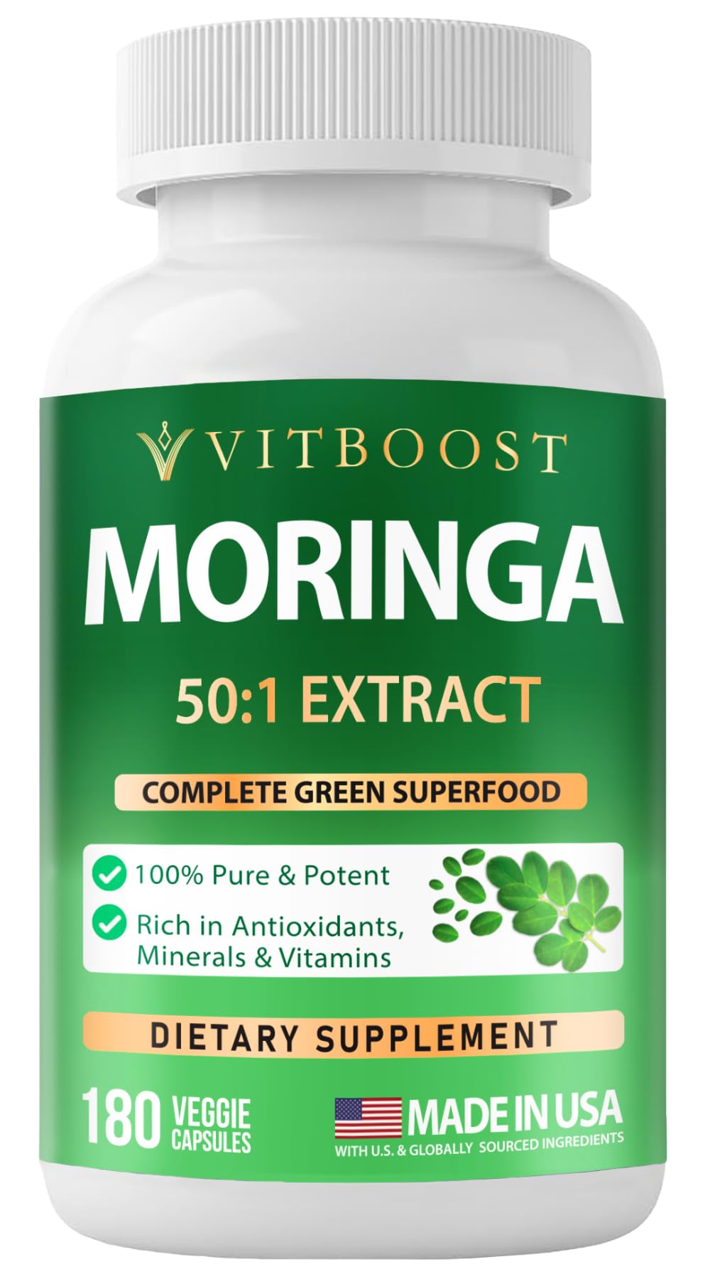 VITBOOST Moringa 50:1 Extract 400 mg Capsules, 180 Count